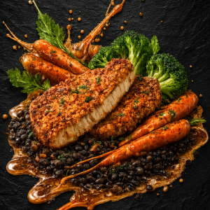 Sellerieschnitzel an Belugalinsen