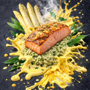 Heiß geräuchertes Norwegisches Lachsfilet an frischem Spargel